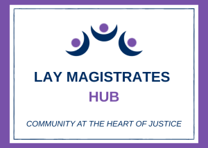 A navy and purple graphic showing 3 crescent shapes above the text: 'Lay Magistrates Hub, Community and the Heart of Justice