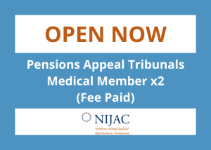 A graphic displaying text: Open Now Pensions Appeal Tribunals Medical member x2 (Fee Paid)
