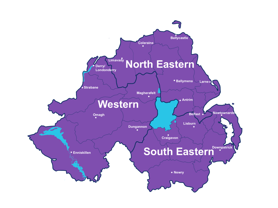 A map of Northern Ireland showing the three Administrative Court Divisions (ACDs)